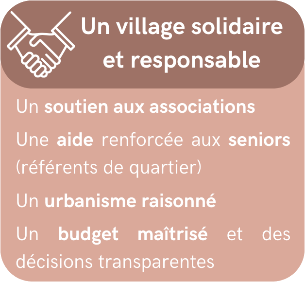 Un village solidaire et responsable : soutien aux associations, aide aux seniors, urbanisme raisonné, budget maîtrisé
